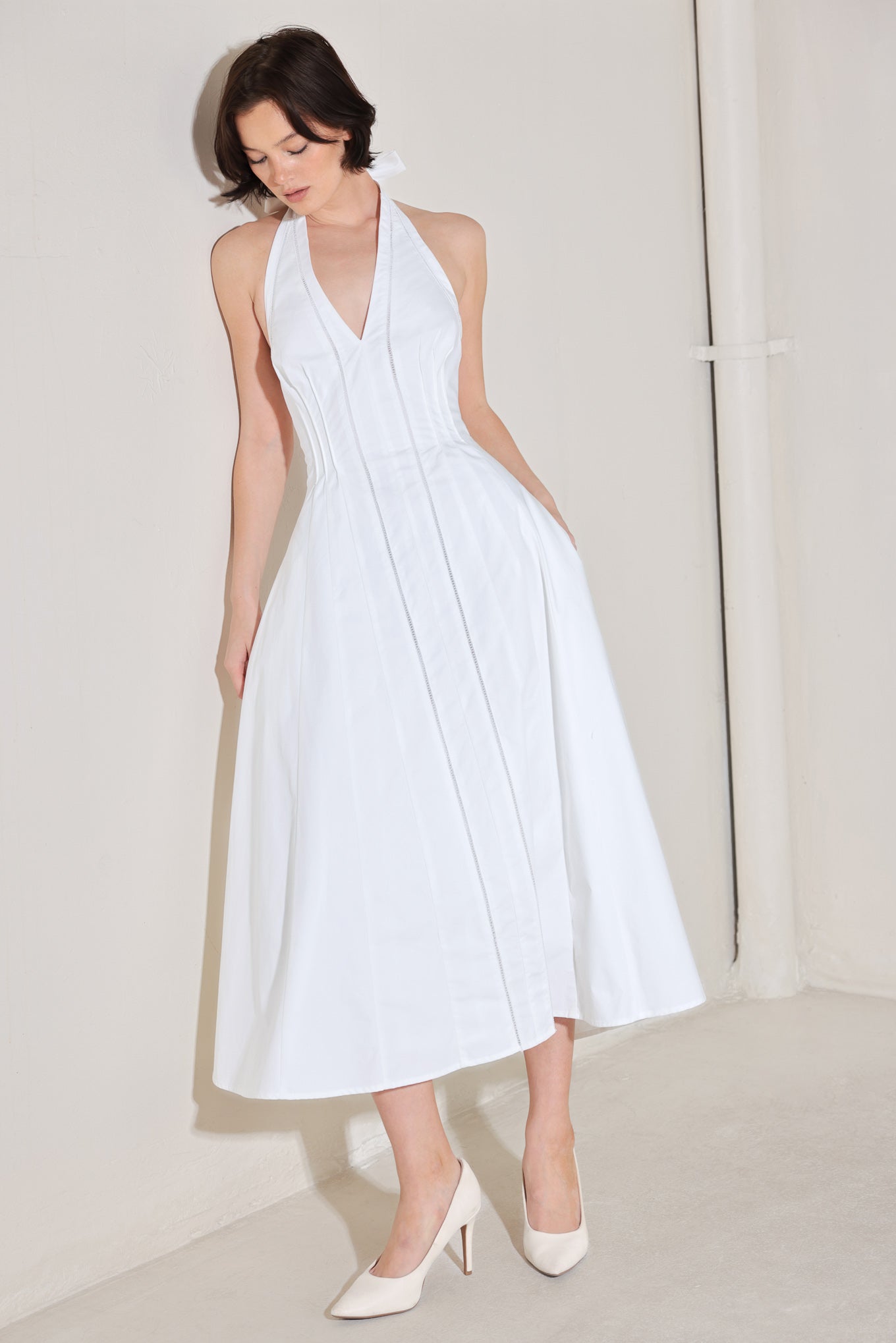POWDER SKY HALTER WOVEN MIDI DRESS