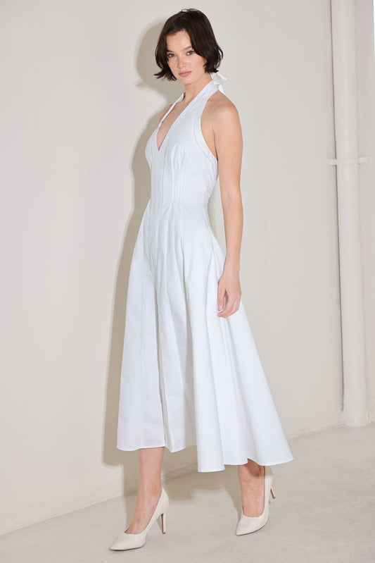 POWDER SKY HALTER WOVEN MIDI DRESS
