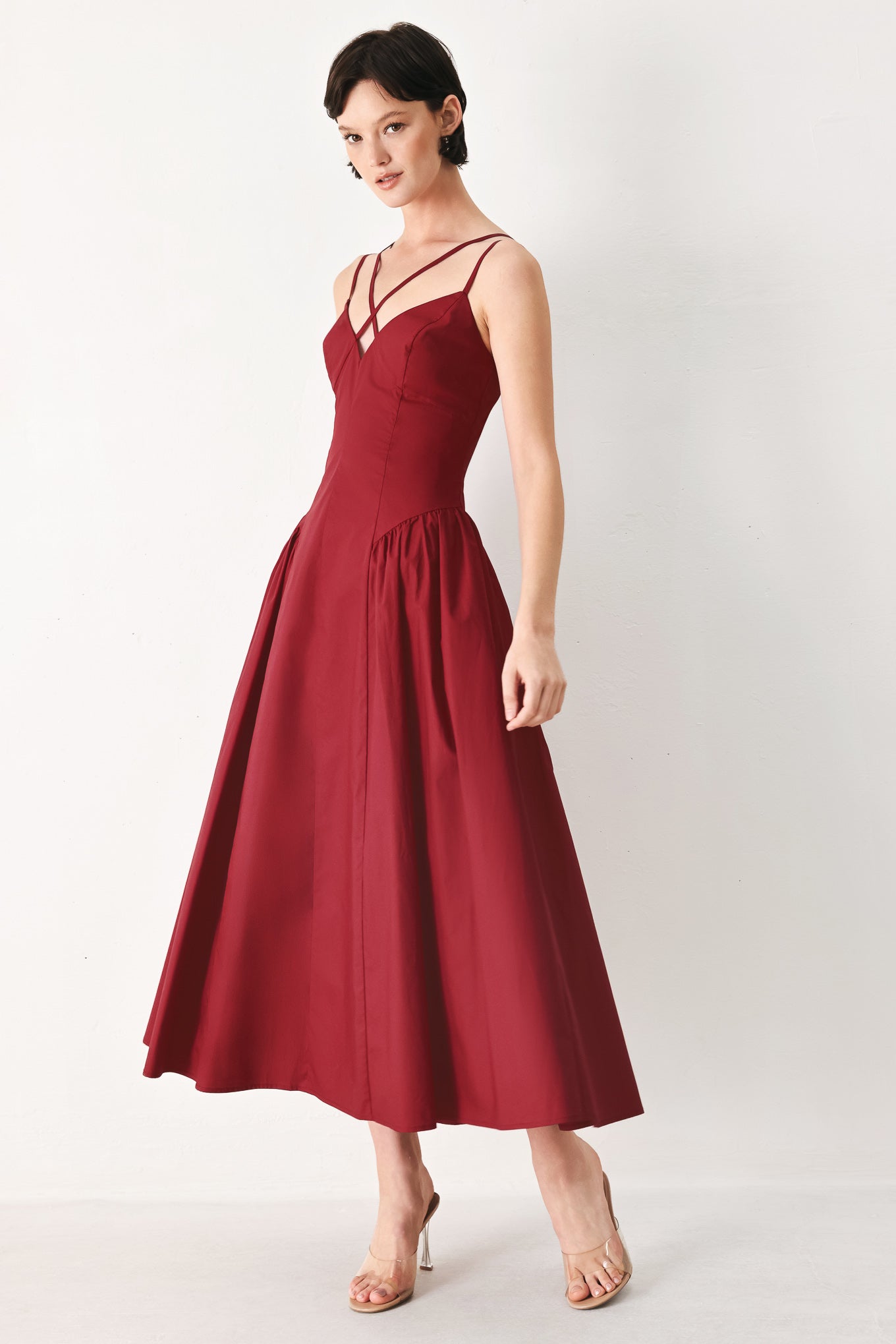 MIDNIGHT MERLOT WOVEN MIDI DRESS