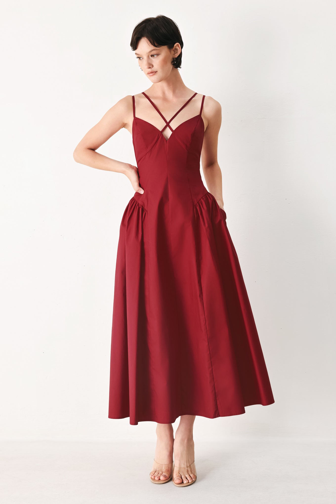 MIDNIGHT MERLOT WOVEN MIDI DRESS
