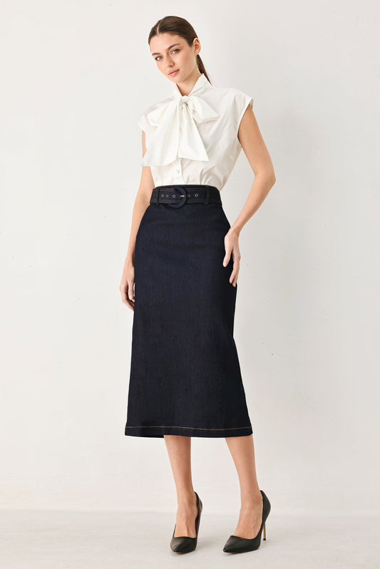 CLASSIC DENIM OFFICE MIDI PENCIL SKIRT
