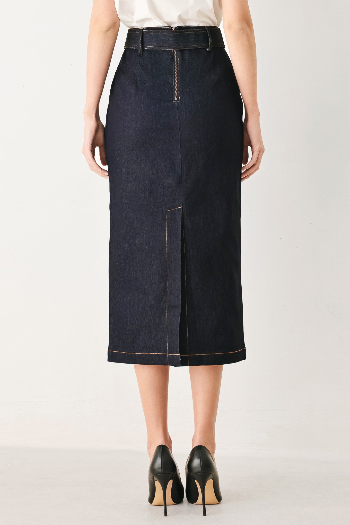 CLASSIC DENIM OFFICE MIDI PENCIL SKIRT