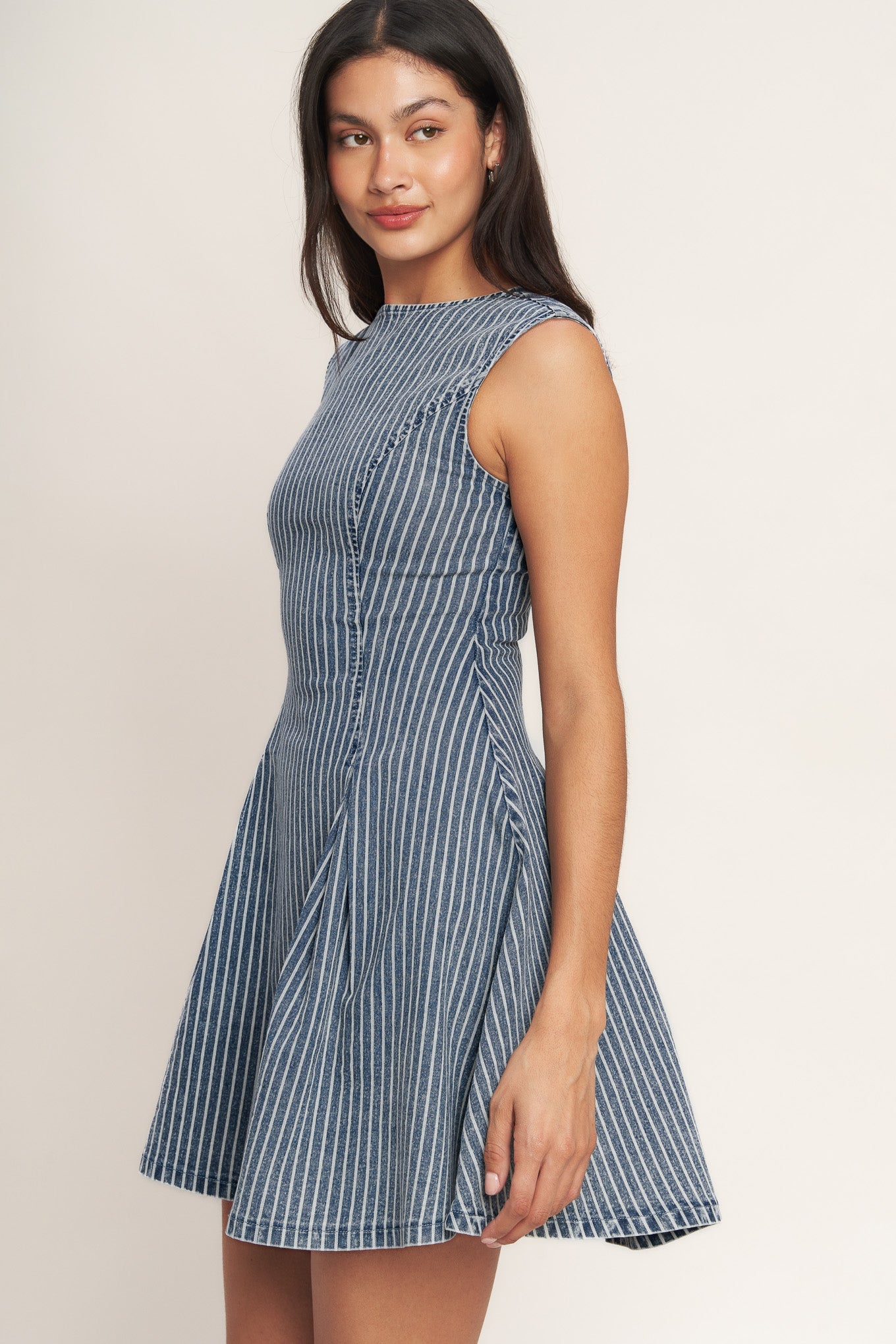 PERFECTLY PLANNED STRIPED DENIM MINI DRESS