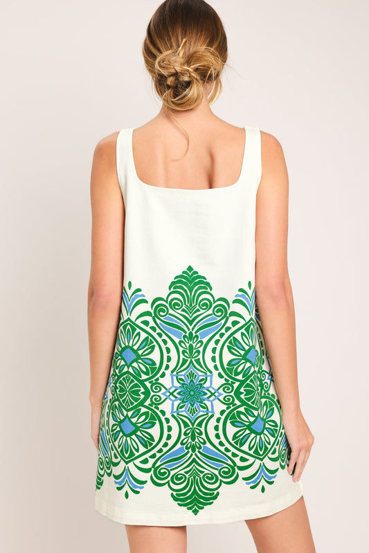 GREEN MOTIF WOVEN MINI DRESS