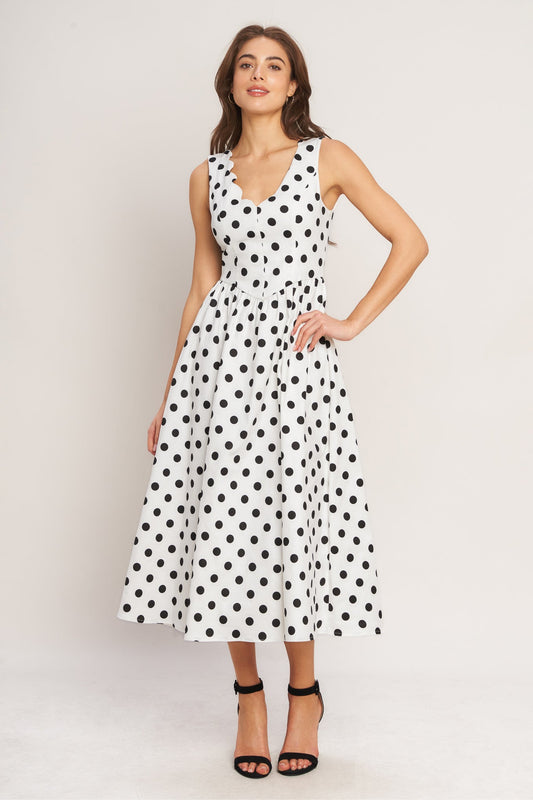 VINTAGE WHISPER POLKA WOVEN MIDI DRESS