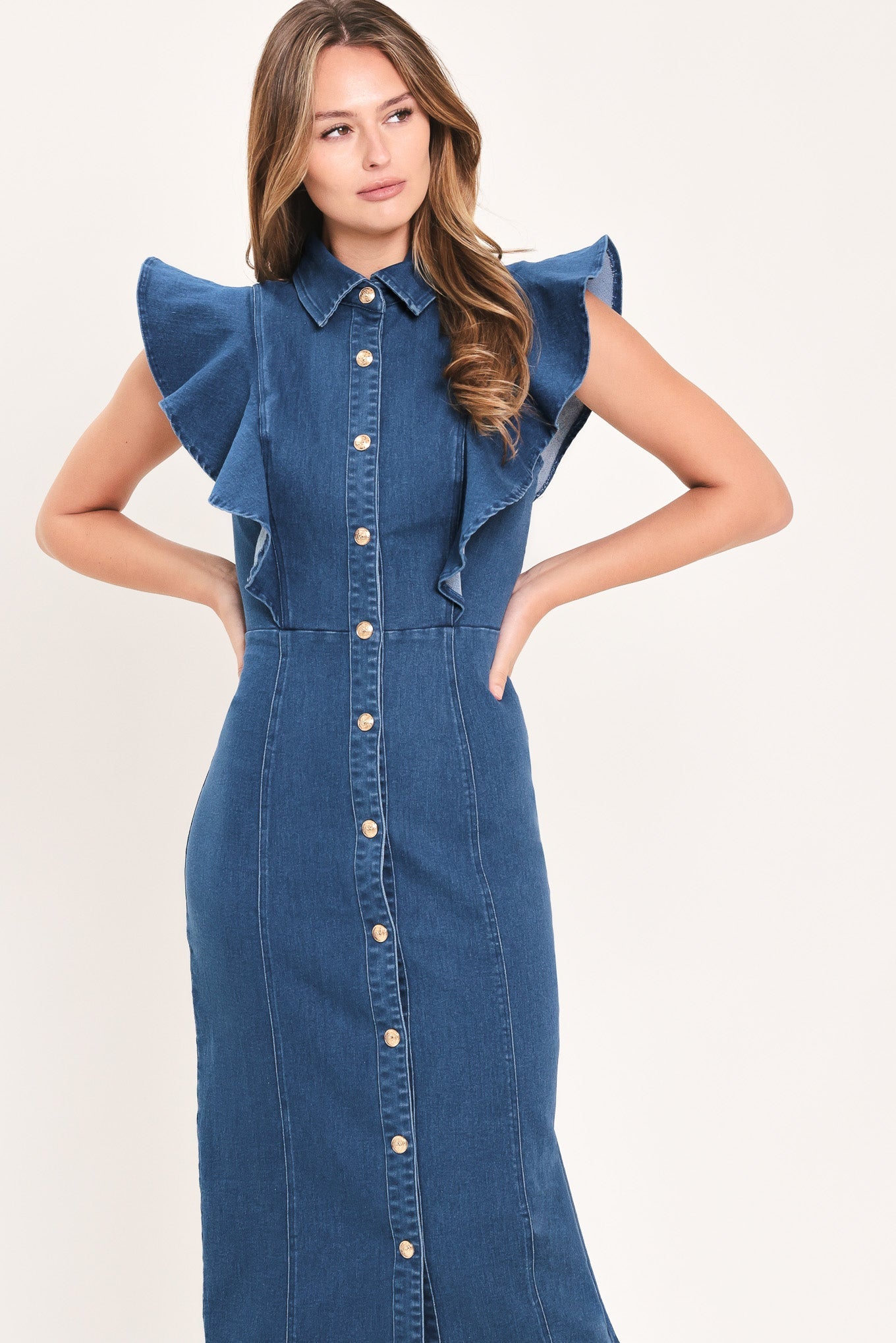 SWEETHEART BUTTON PARADE DENIM MIDI DRESS