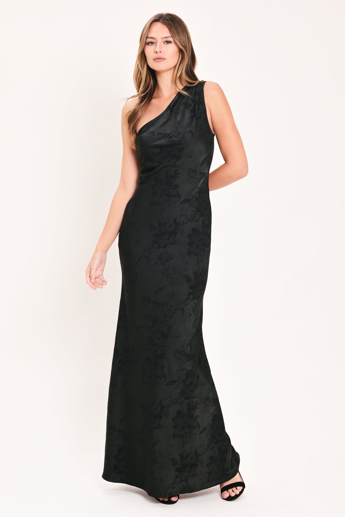 NOCTURNAL ROSE GLOW JACQUARD WOVEN SATIN MAXI DRESS