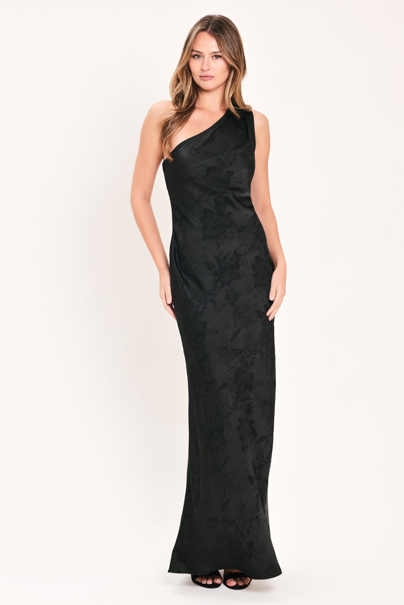NOCTURNAL ROSE GLOW JACQUARD WOVEN SATIN MAXI DRESS