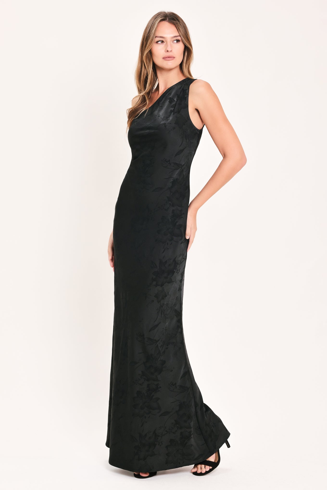 NOCTURNAL ROSE GLOW JACQUARD WOVEN SATIN MAXI DRESS
