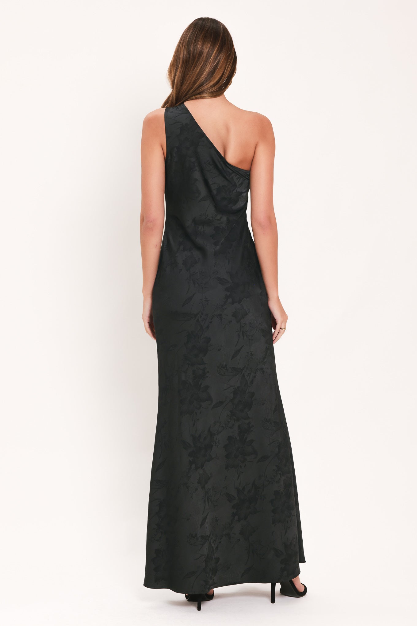 NOCTURNAL ROSE GLOW JACQUARD WOVEN SATIN MAXI DRESS