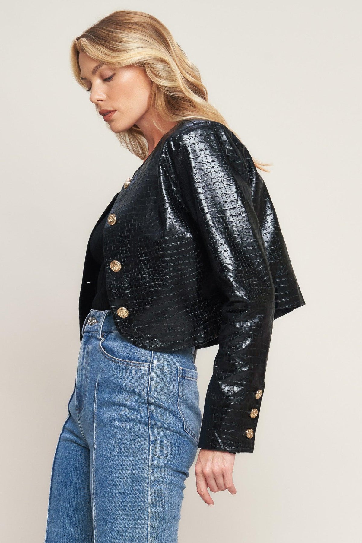 AT THE START FAUX LEATHER BOLERO JACKET