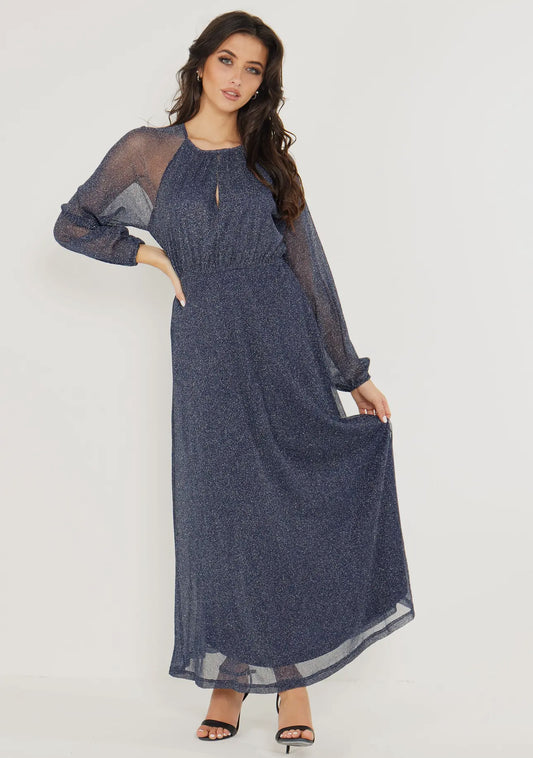 Angeleye - Long Sleeve Chiffon Maxi Dress Gold Lurex Flecking in Blue