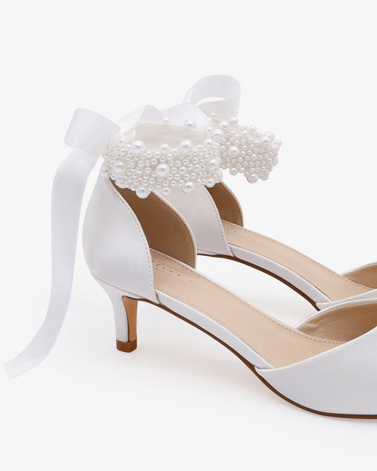 Satin Pointy Toe Kitten Low Heel with Perla Ankle Strap