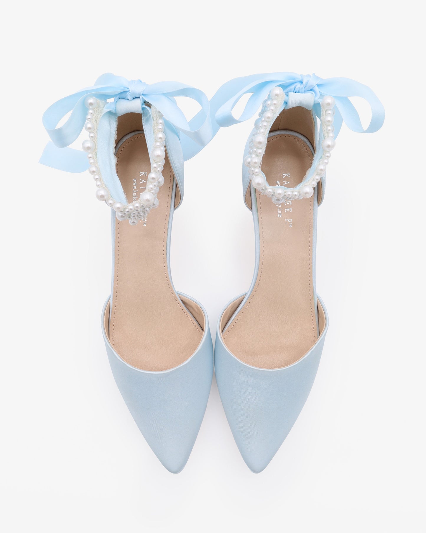 Satin Pointy Toe Kitten Low Heel with Perla Ankle Strap