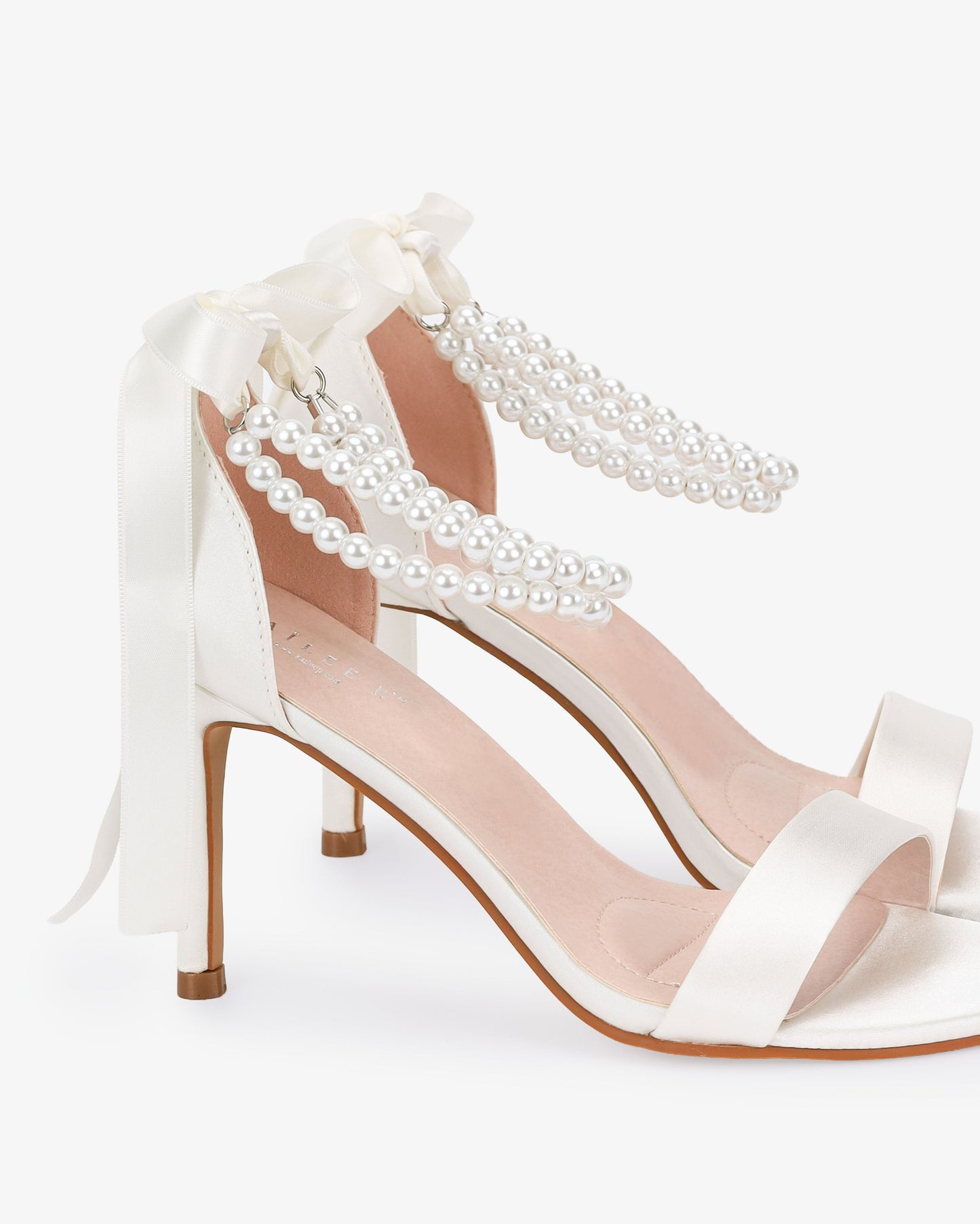 Satin High Heel Wedding Sandals with Double Pearls Ankle Strap