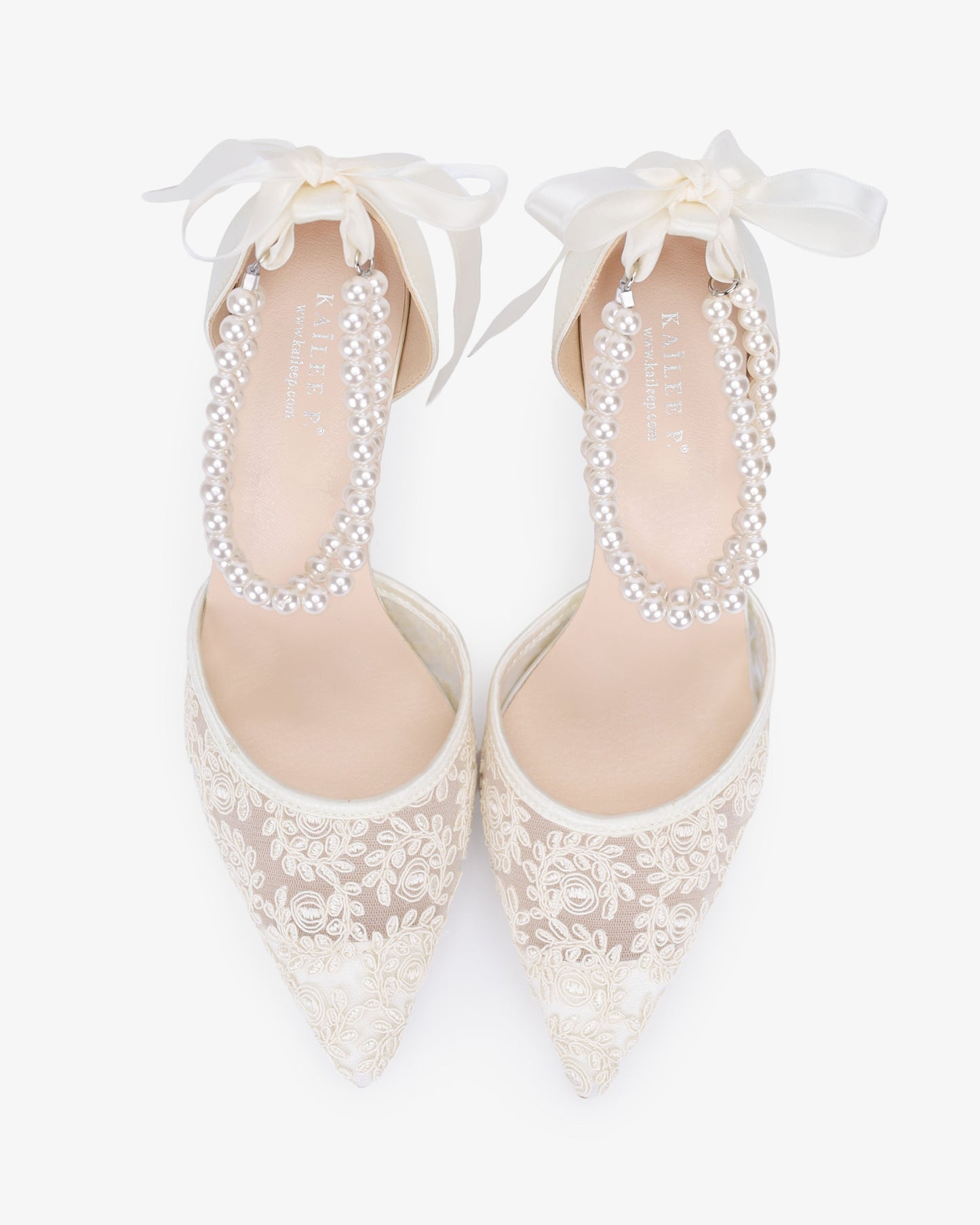 Wedding Lace Heels with Double Pearls Ankle Strap