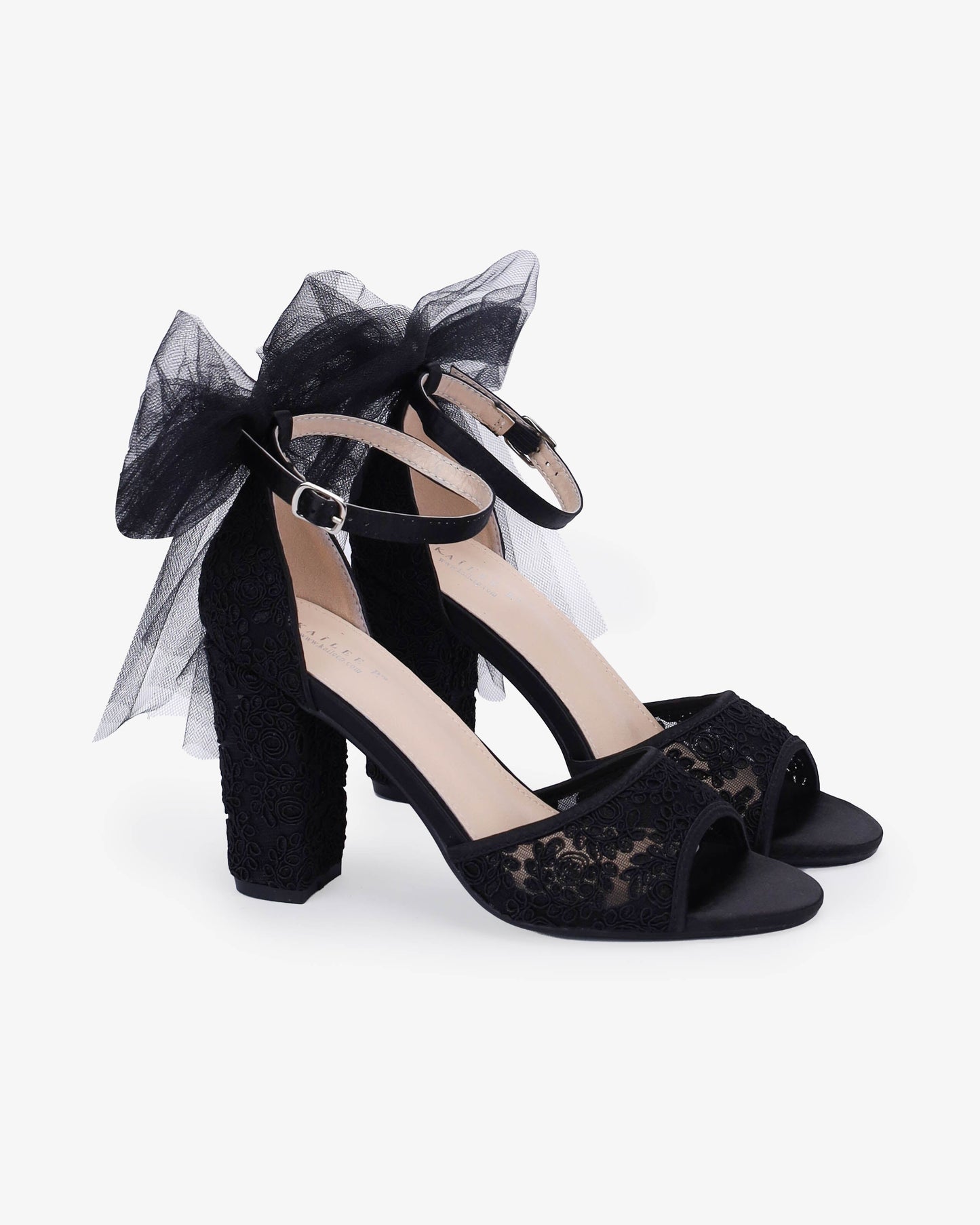 Crochet Lace Block Heel Sandals with Tulle Back Bow