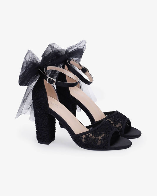 Crochet Lace Block Heel Sandals with Tulle Back Bow
