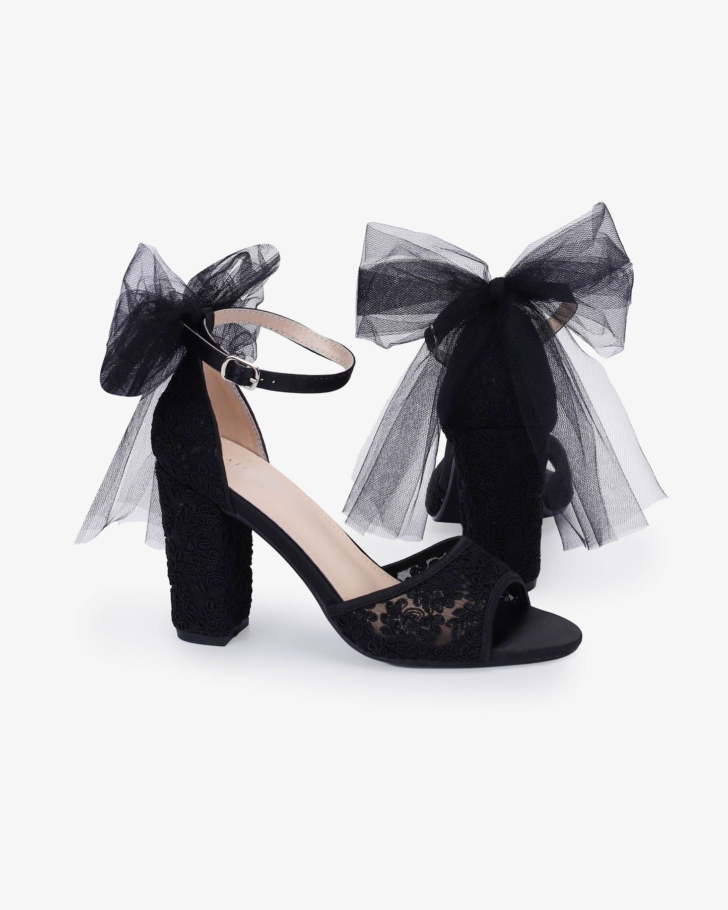 Crochet Lace Block Heel Sandals with Tulle Back Bow