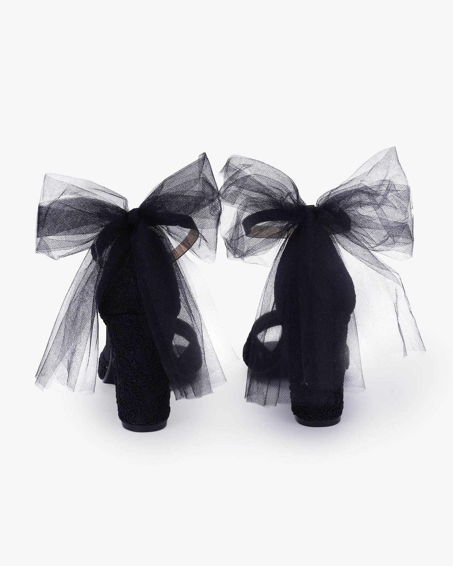 Crochet Lace Block Heel Sandals with Tulle Back Bow