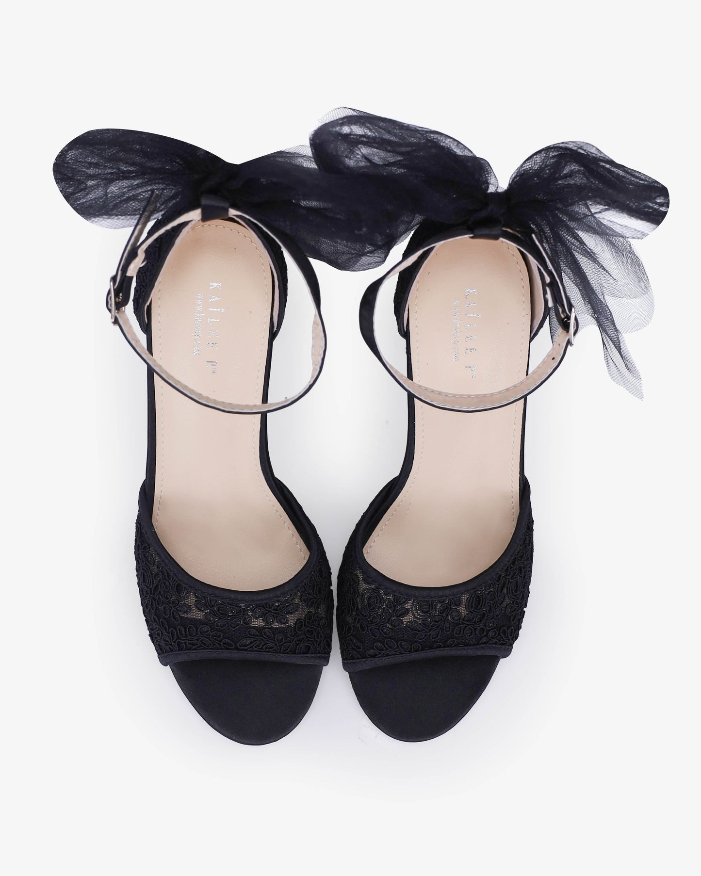 Crochet Lace Block Heel Sandals with Tulle Back Bow