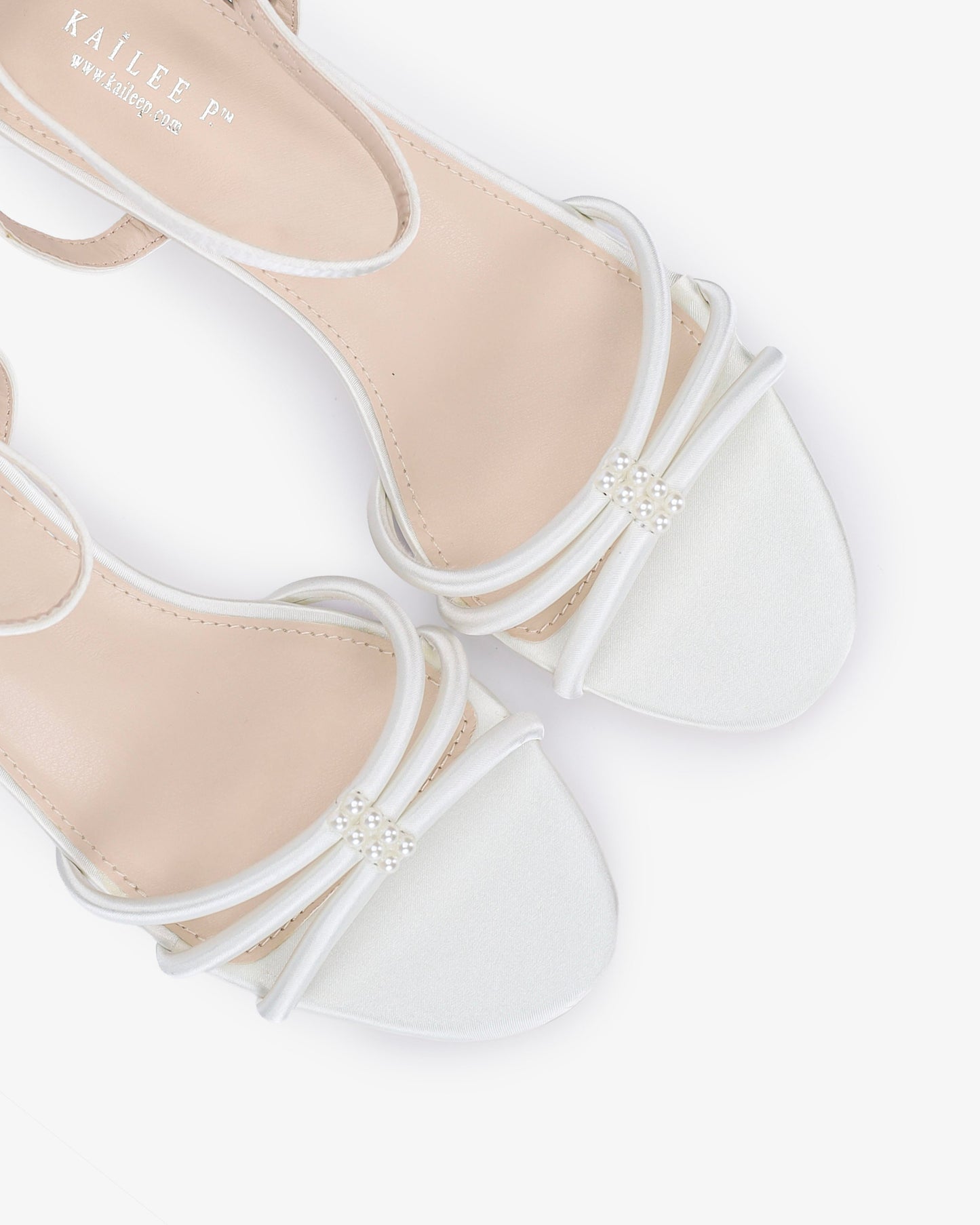 Satin Strappy Kitten Heel Wedding Sandals with Pearls Accents