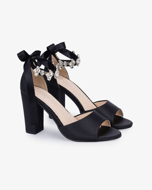 Satin Block Heel Evening Sandals with Navette Cluster Rhinestones Strap