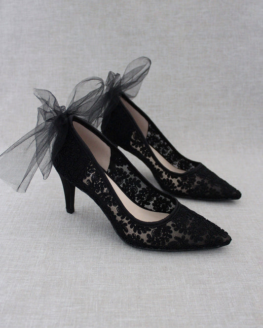 Lace Evening Shoes with Tulle Back Bow