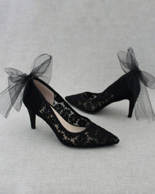Lace Evening Shoes with Tulle Back Bow