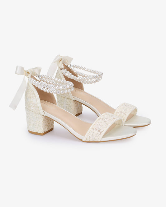 Crochet Lace Block Heel Wedding Sandals with Double Pearl Ankle Strap
