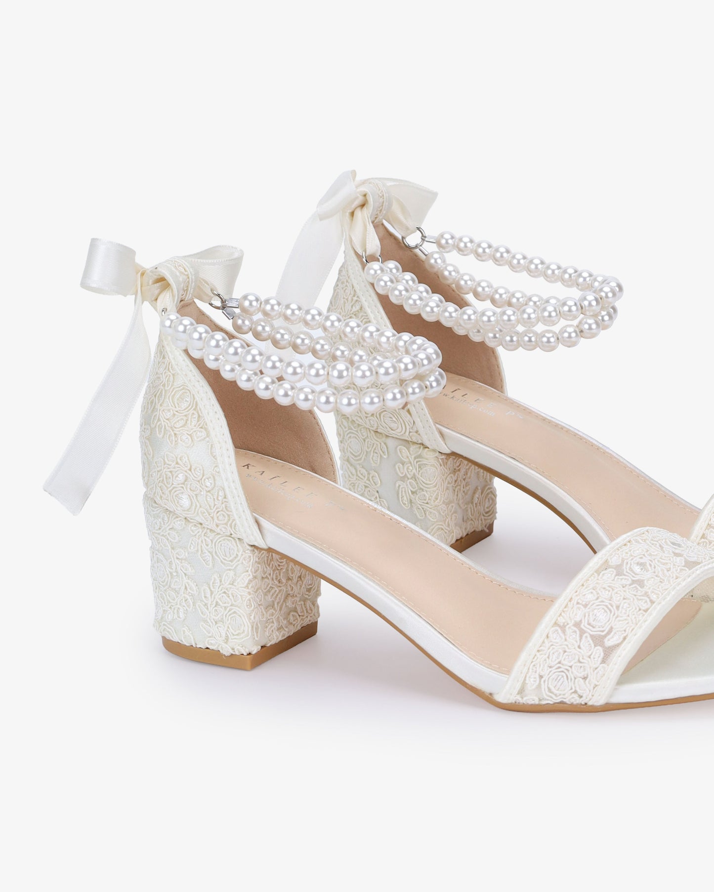 Crochet Lace Block Heel Wedding Sandals with Double Pearl Ankle Strap