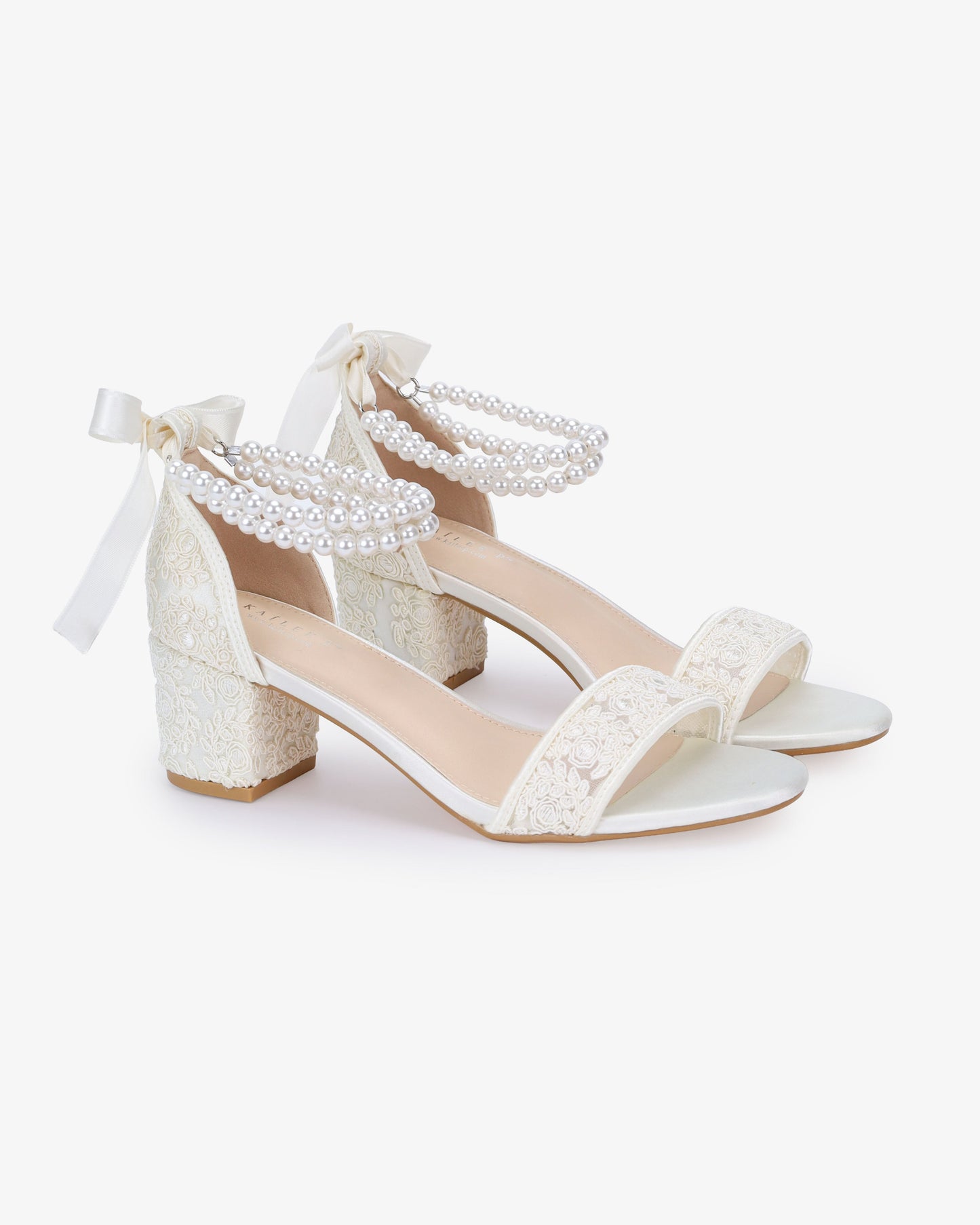 Crochet Lace Block Heel Wedding Sandals with Double Pearl Ankle Strap