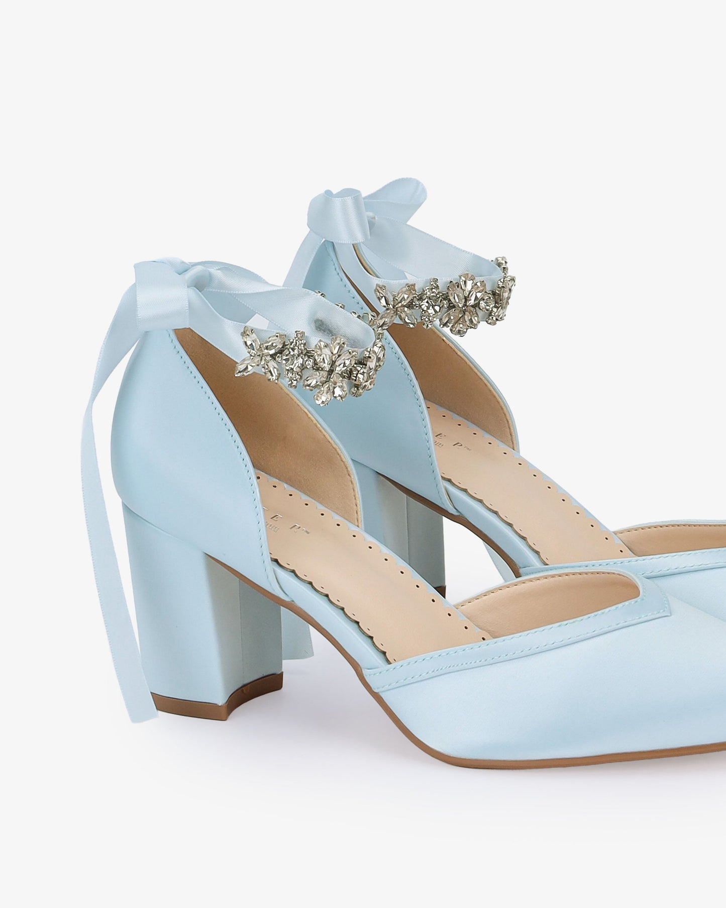 Satin Block Heels Wedding Shoes with Floral Rhinestones Ankle Strap