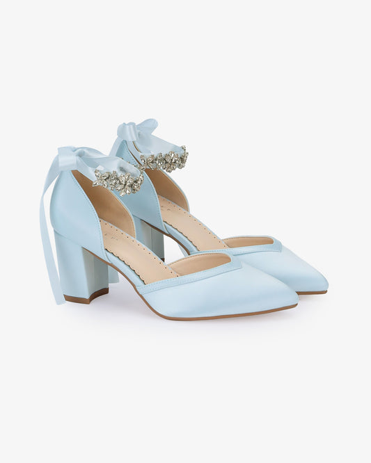 Satin Block Heels Wedding Shoes with Floral Rhinestones Ankle Strap