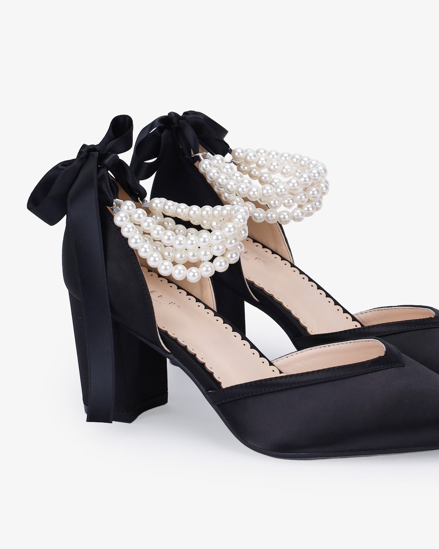 Satin Block Heels Evening Shoes with Trinity Pearls Wrap