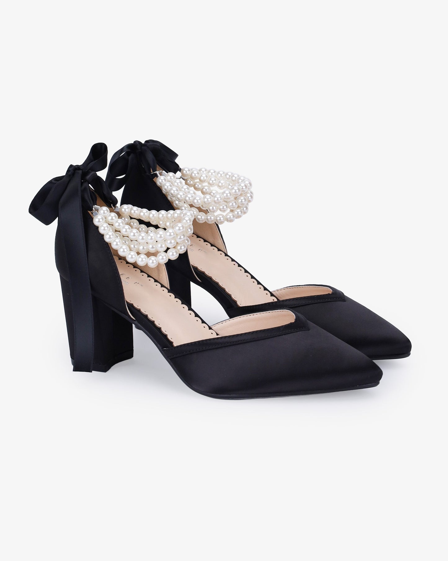 Satin Block Heels Evening Shoes with Trinity Pearls Wrap