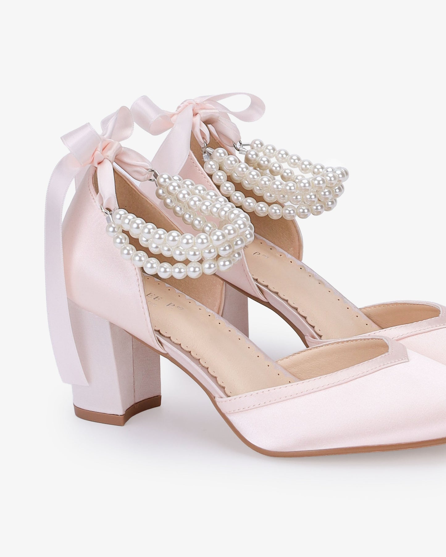 Satin Block Heels Evening Shoes with Trinity Pearls Wrap