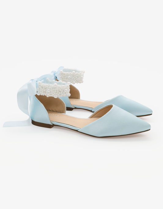 Satin Pointy Toe Wedding Flats with Perla Ankle Strap