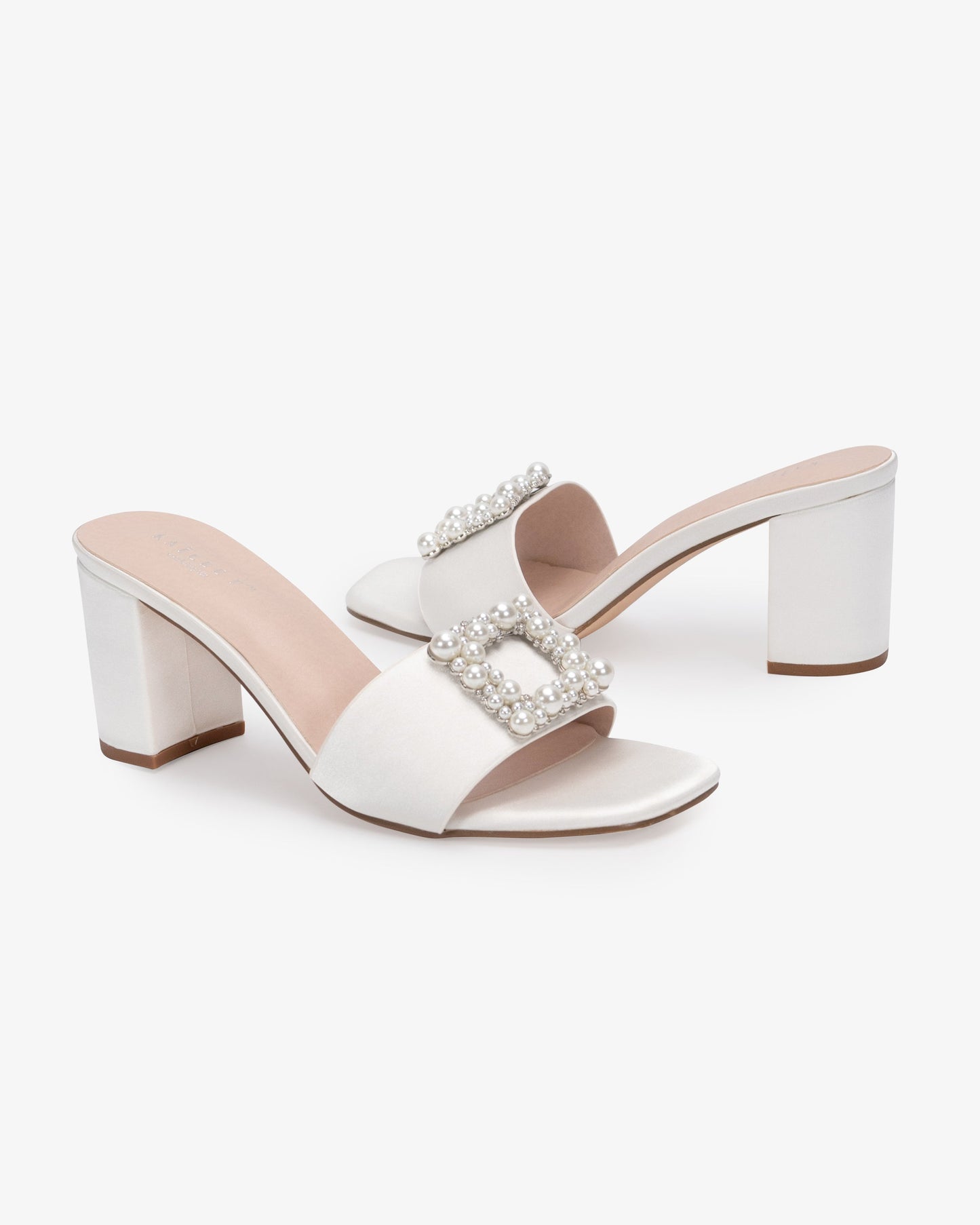 Satin Block Heels Slide Wedding Sandals with Pearlisse Buckle