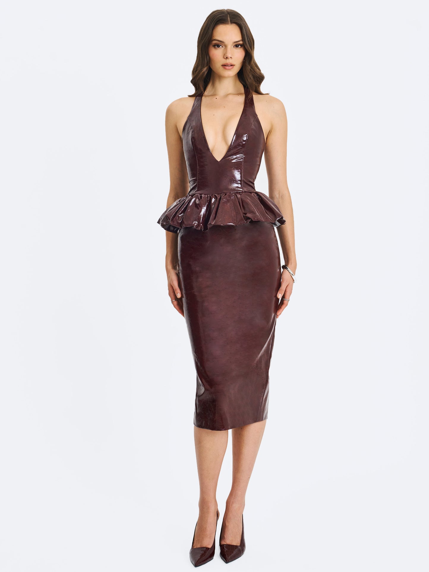 Jaslene Mahogany Ruched Peplum Plunge Halter Midi Dress