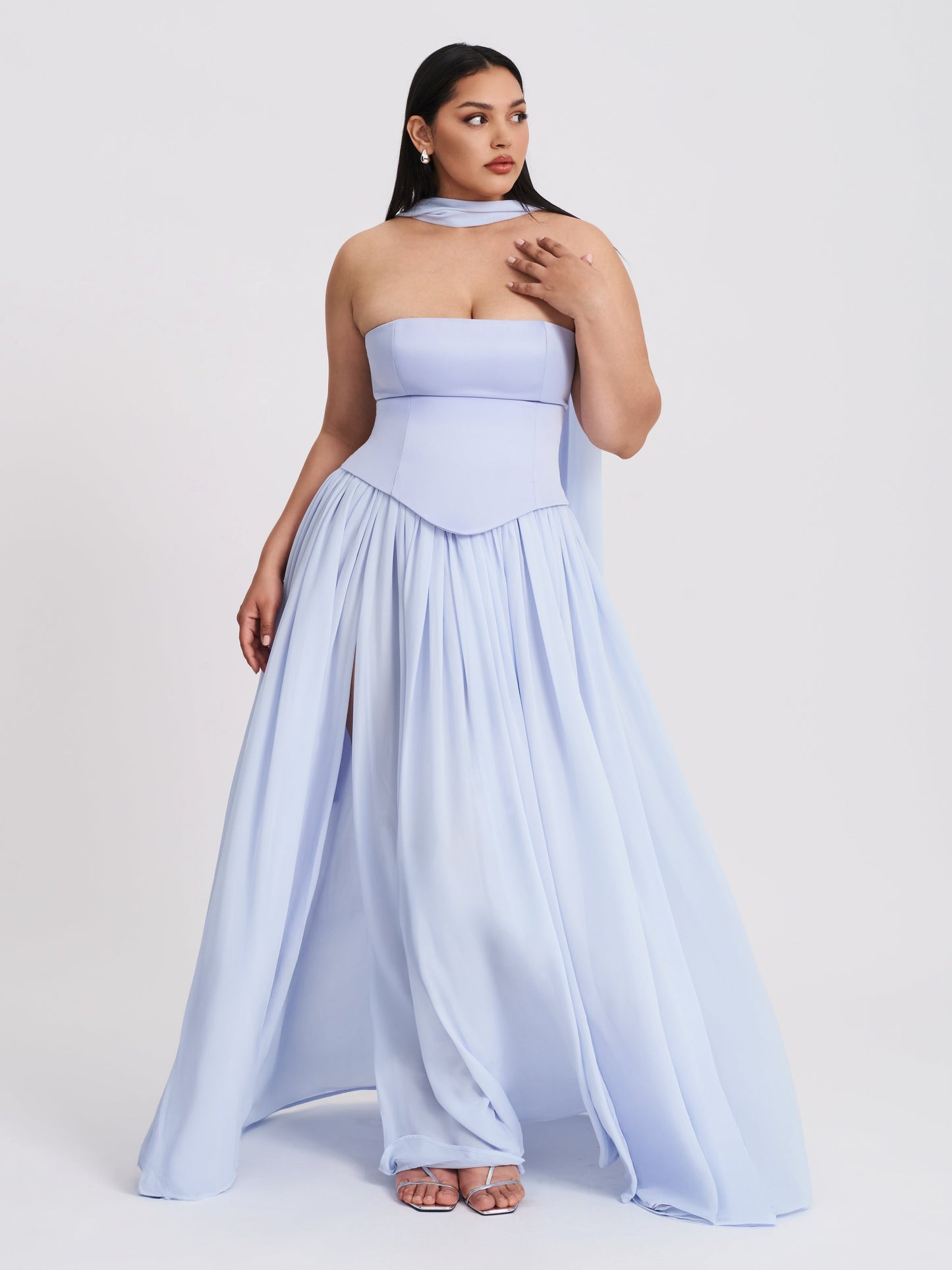 Qianna Baby Blue Peplum Top Drop Waist Chiffon Gown