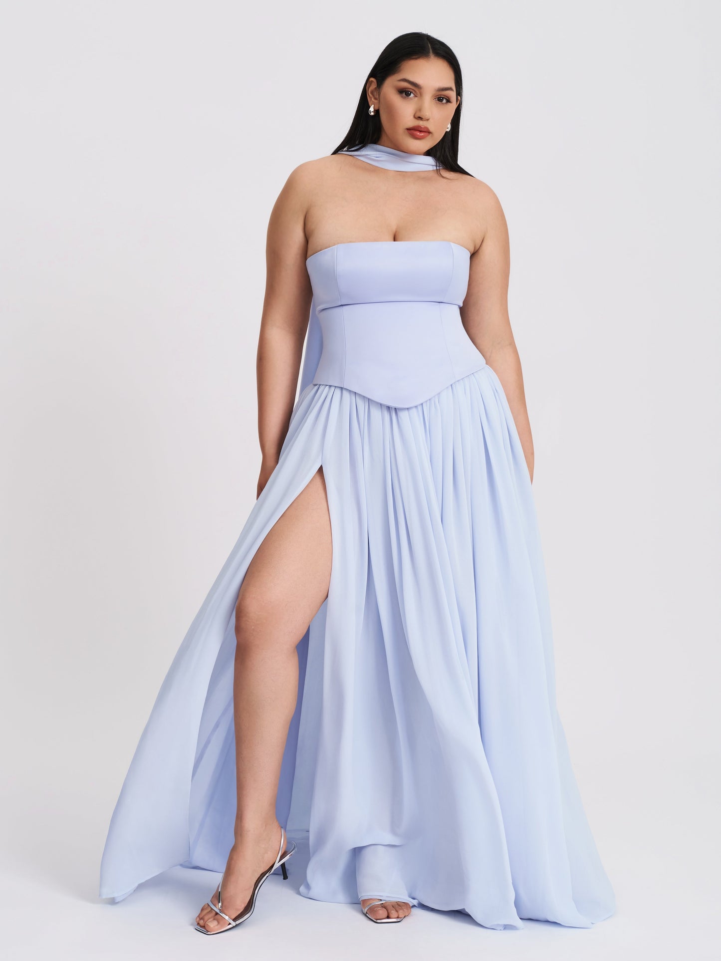 Qianna Baby Blue Peplum Top Drop Waist Chiffon Gown