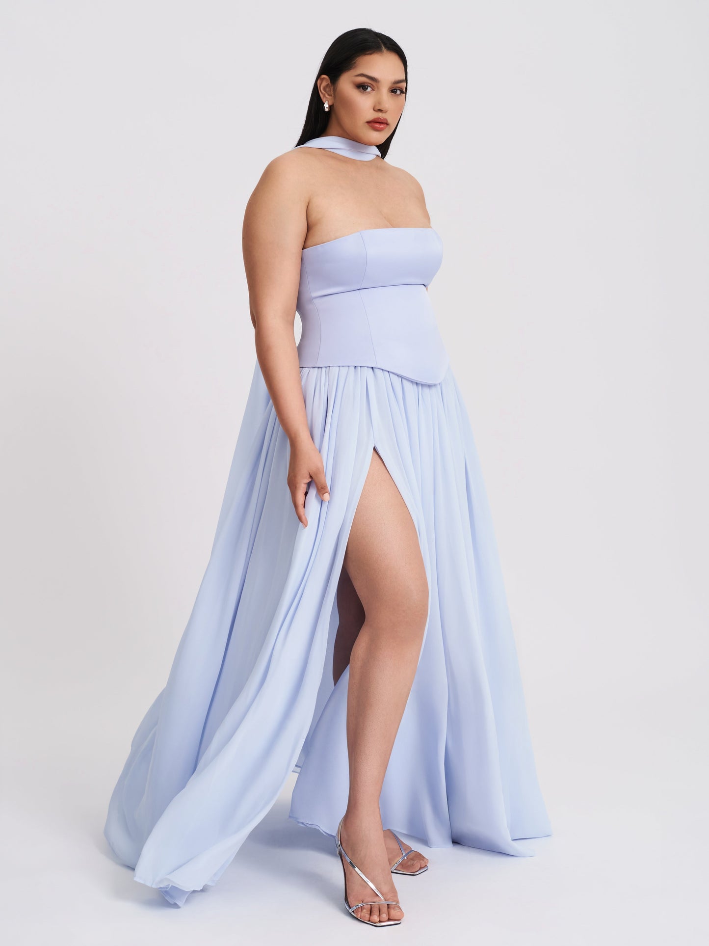 Qianna Baby Blue Peplum Top Drop Waist Chiffon Gown