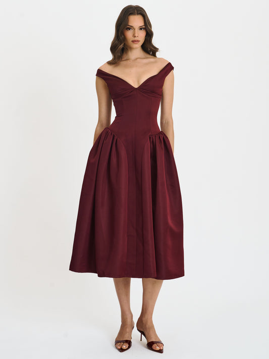 Omella Burgundy Ruched Bust Sweetheart Flared Midi Dress
