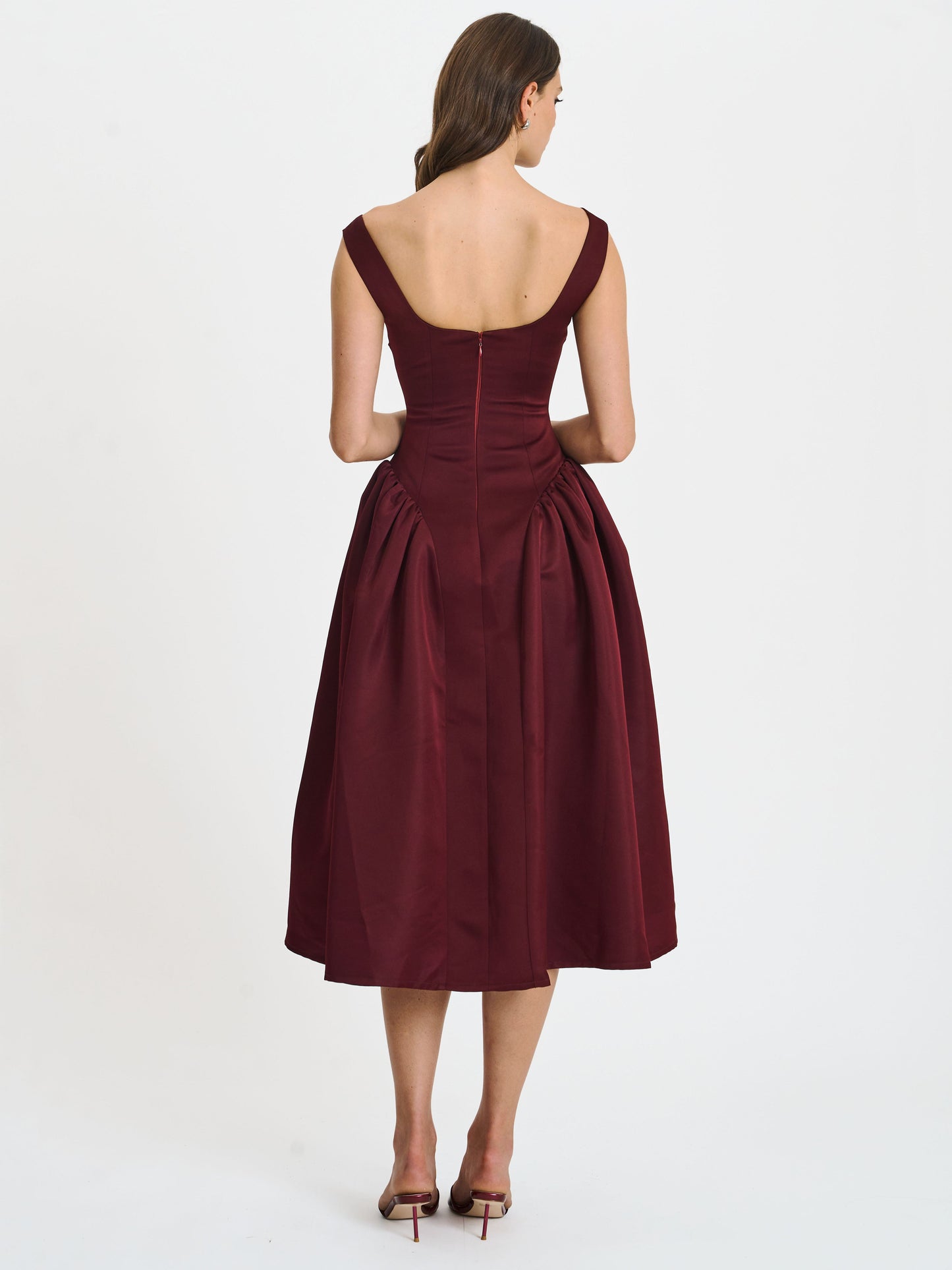 Omella Burgundy Ruched Bust Sweetheart Flared Midi Dress