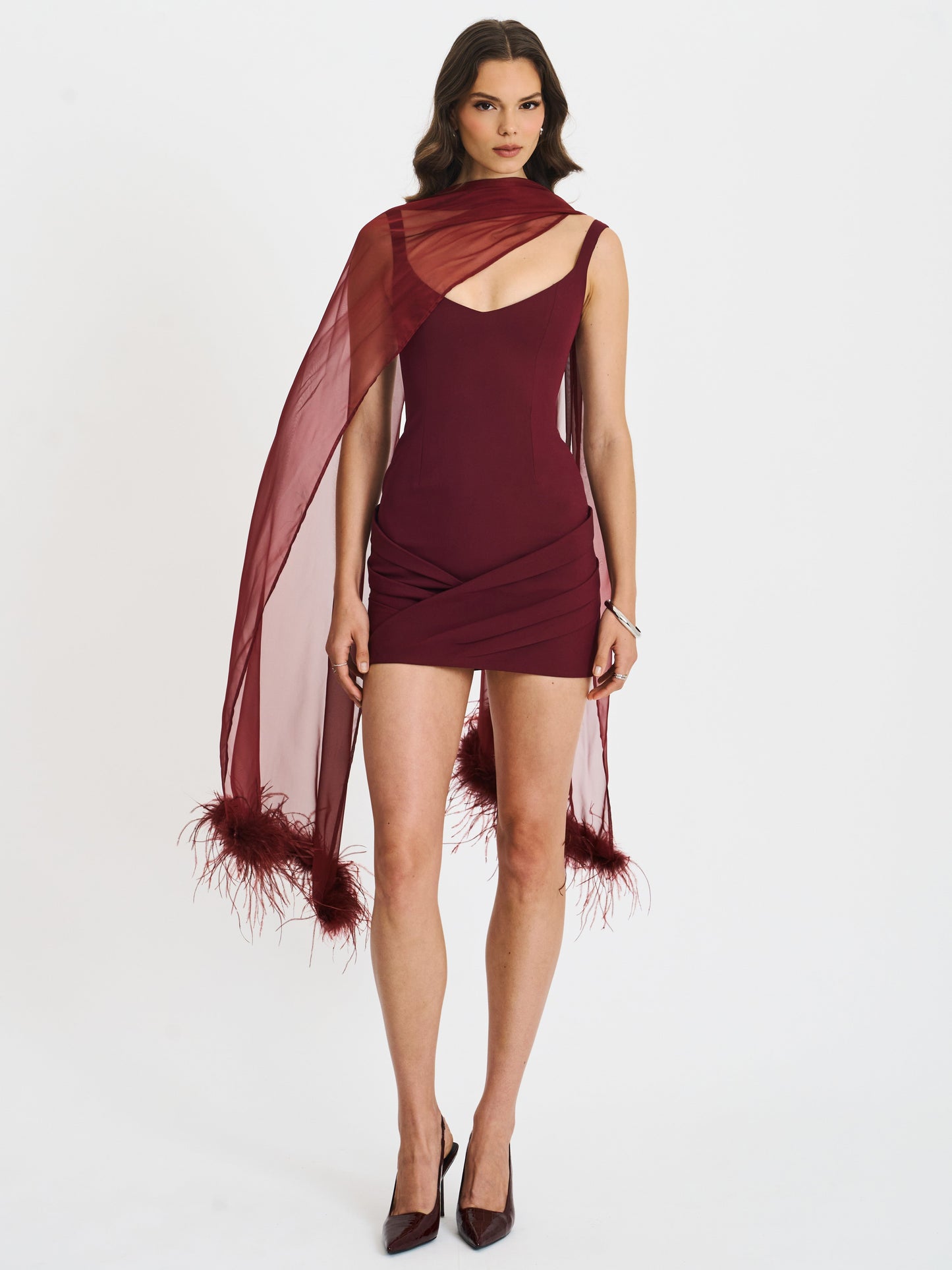 Tori Wine Red Pleated Mini Dress with Chiffon Scarf
