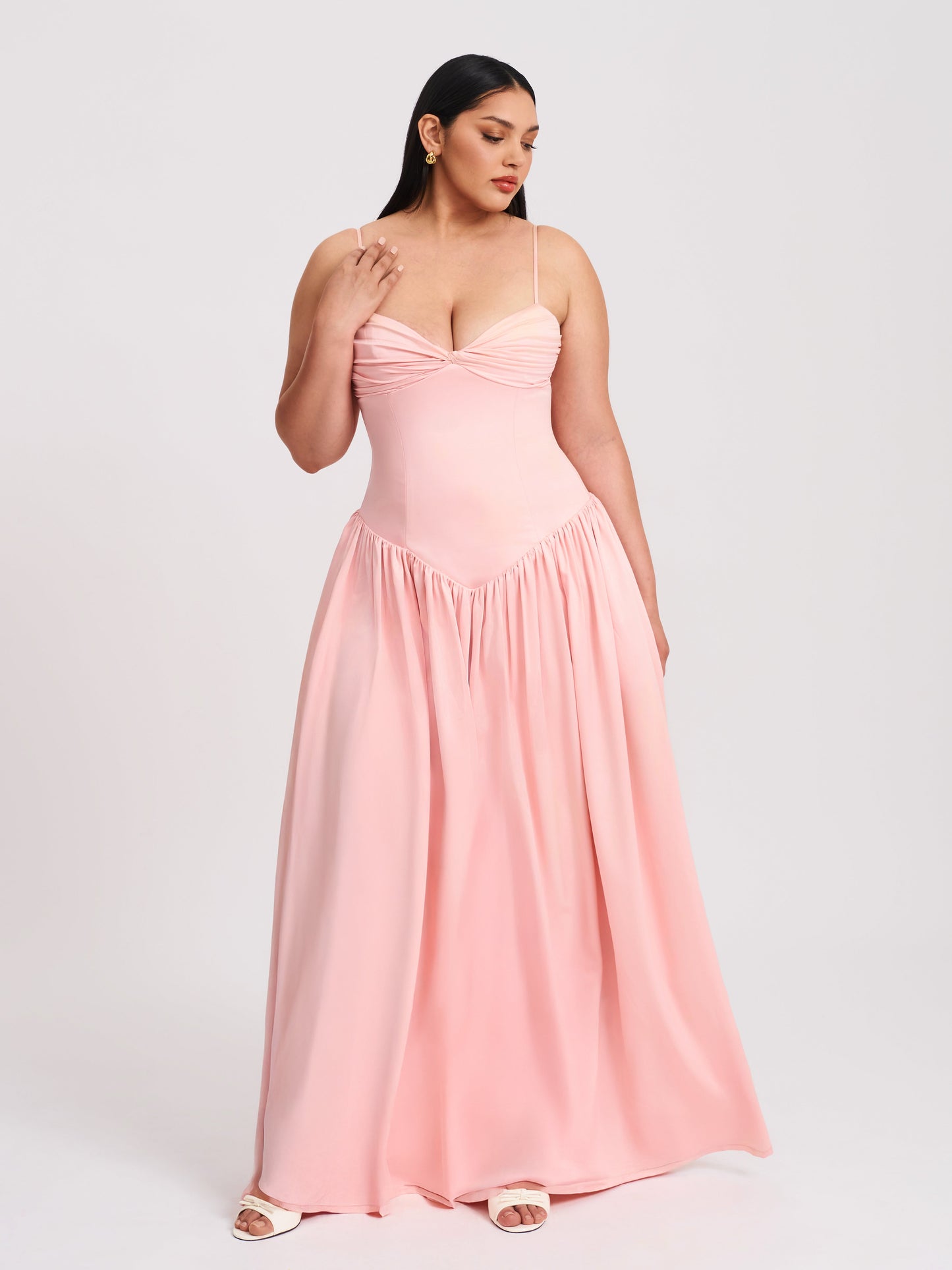 Najwa Baby Pink Ruched Breast Drop Waist Maxi Dress