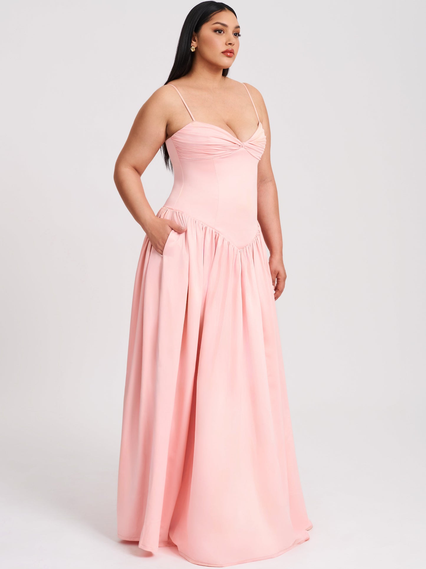 Najwa Baby Pink Ruched Breast Drop Waist Maxi Dress