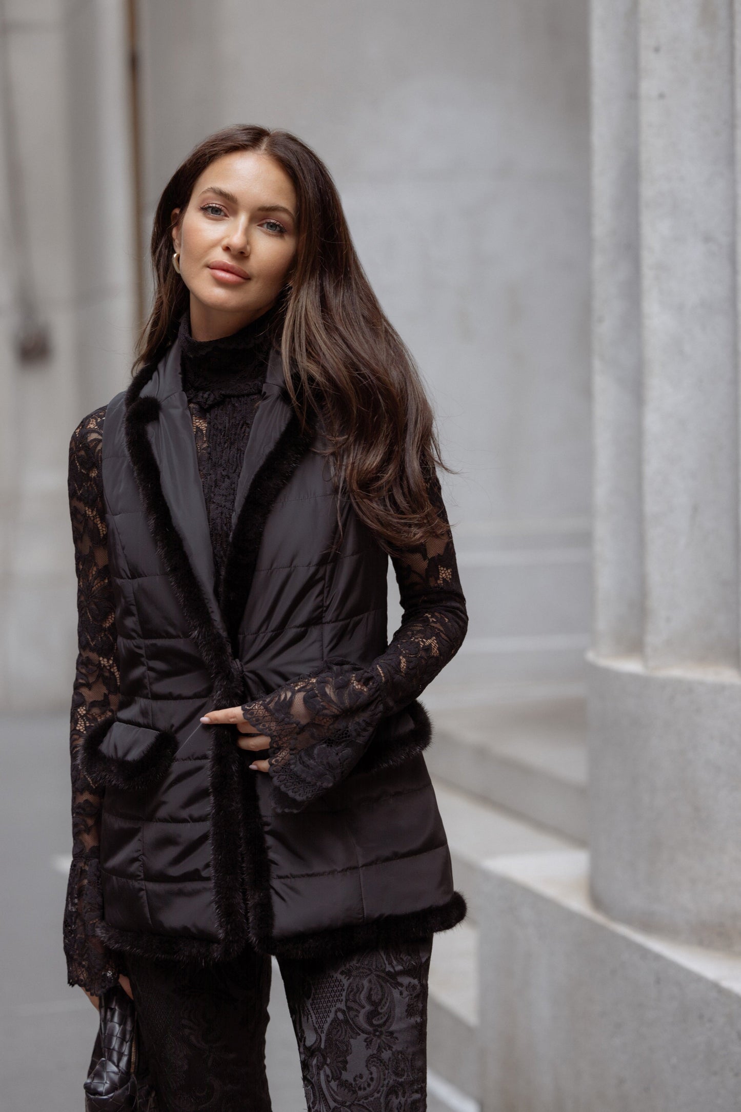Quilted Vest with Mink in Black