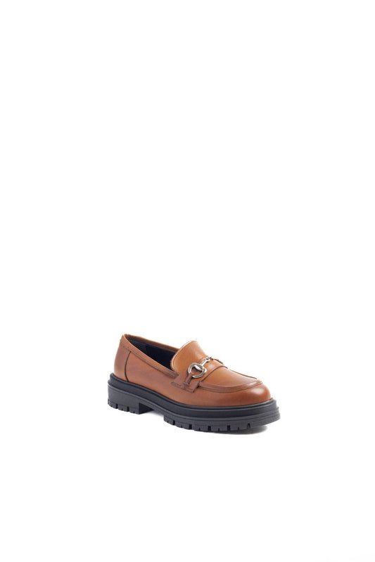 A brown leather loafer with a metal chain detail on the vamp and a flat sole.